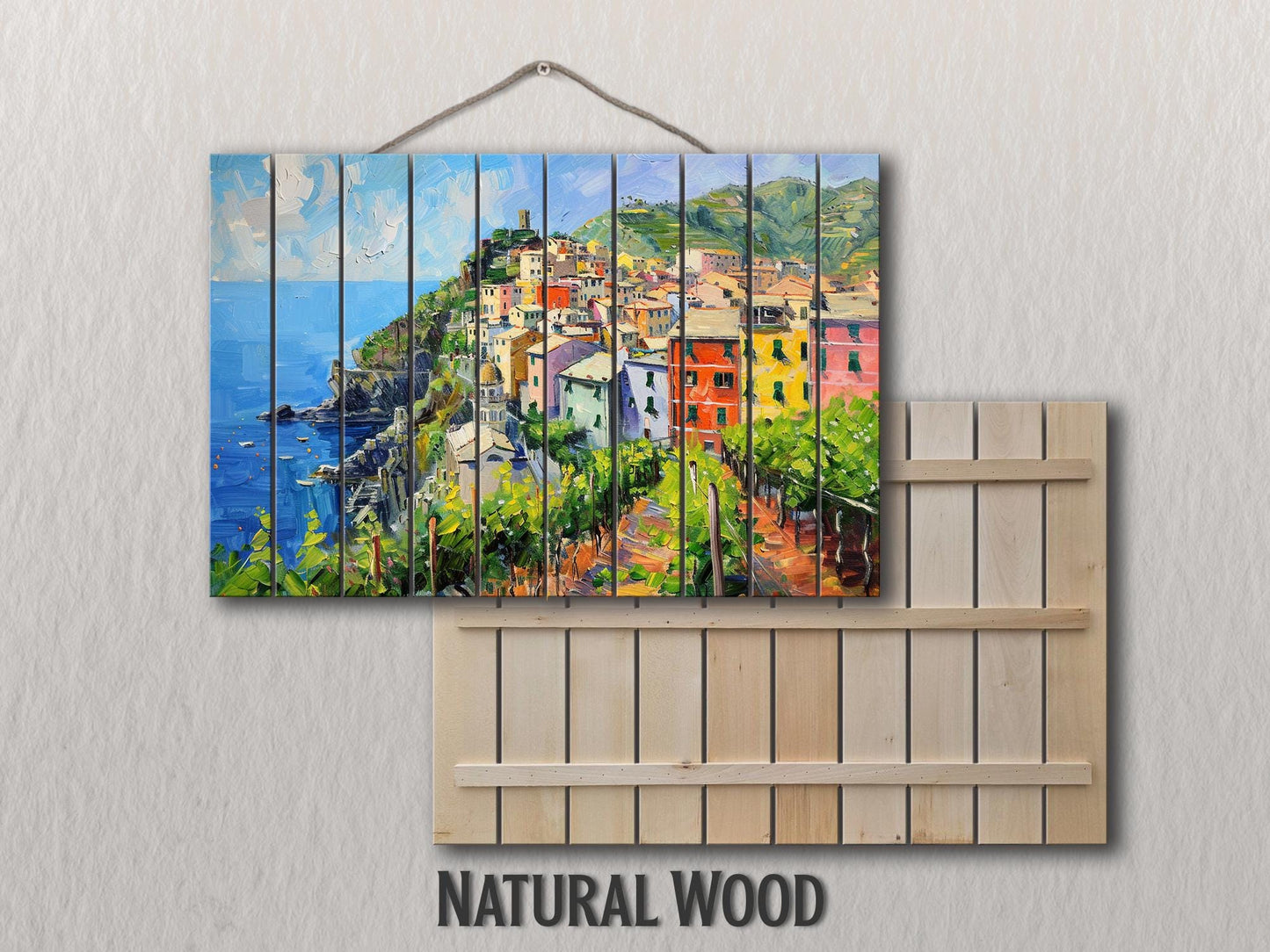Corniglia, Cinque Terre Painting Printed on Natural Wood, Liguria, Italy Wall Art, Scenic Corniglia Wood Print, Italian Wall Decor