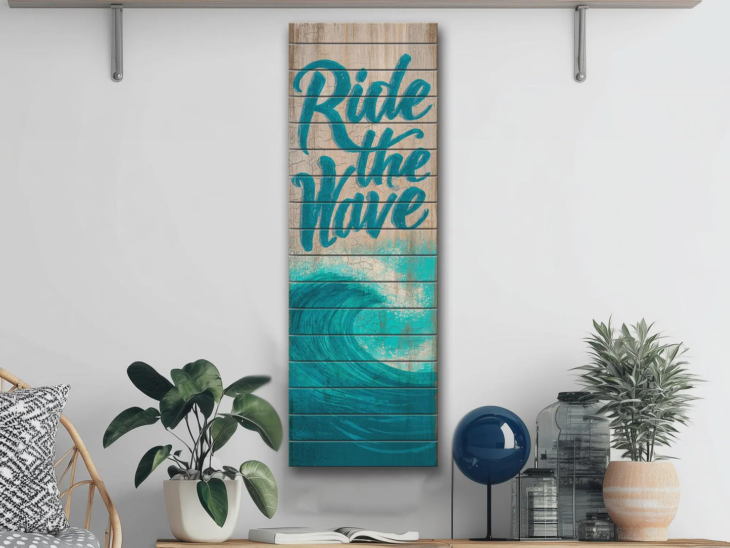 Coastal Wood Wall Art – Ride The Wave Print On Natural Wood Planks – Surfing Wall Decor