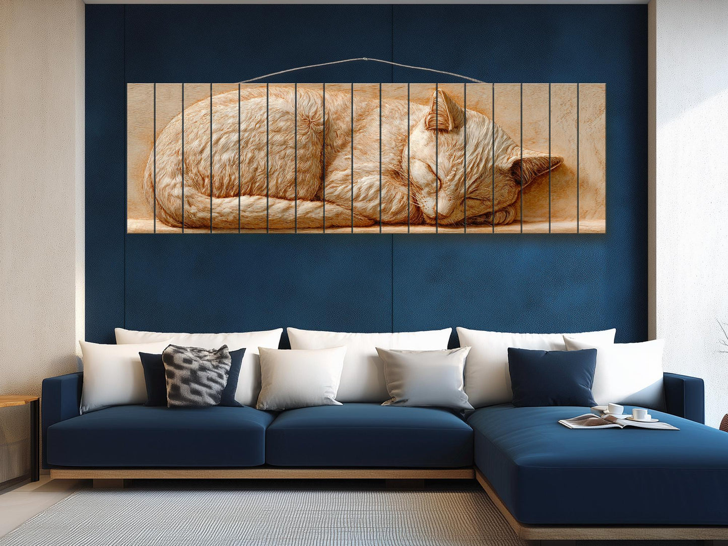 Sleeping Cat Wood Art – Rustic Wood Decor | Beige Wall Art | Cozy Home Print