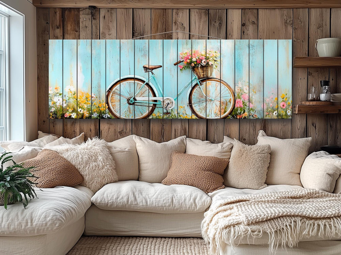 Vintage Bicycle Wall Art – Rustic Floral Print on Natural Wood Plank Art