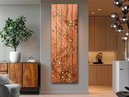 Japanese Blossoms Wall Art – Elegant Brass Inlay Floral Wood Print Decor