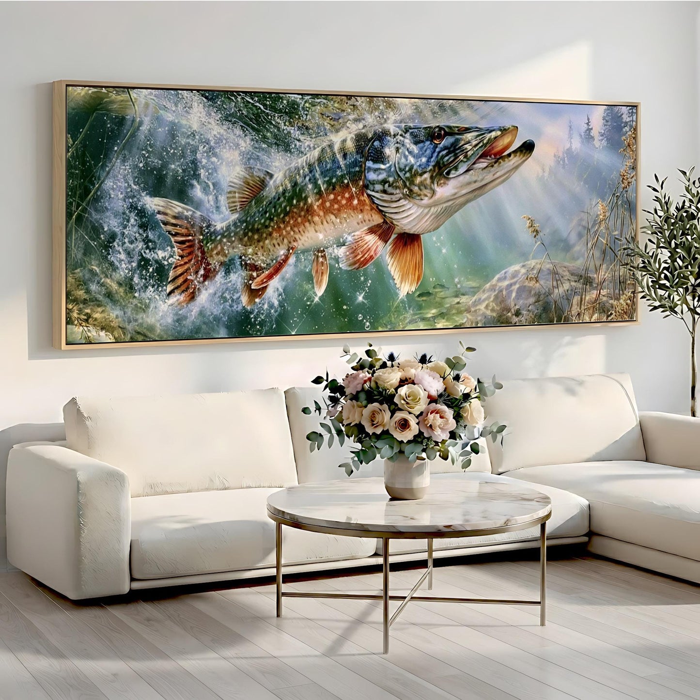 a large painting of a fish swimming in a body of water, hanging on a wall above a white sofa and a round coffee table.