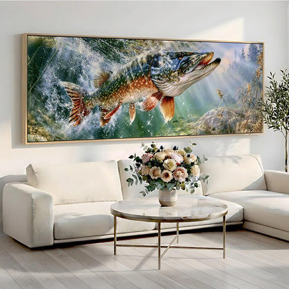 a large painting of a fish swimming in a body of water, hanging on a wall above a white sofa and a round coffee table.