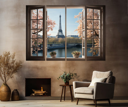 Eiffel Tower Canvas Print – Open Window Paris View | Framed Canvas Art, Ready to Hang