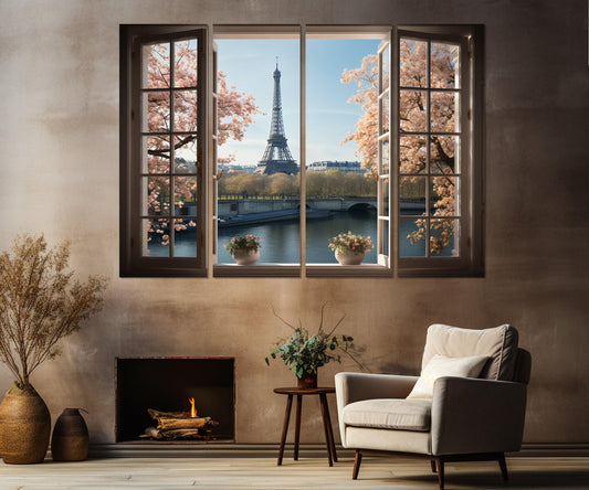 Eiffel Tower Canvas Print – Open Window Paris View | Framed Canvas Art, Ready to Hang