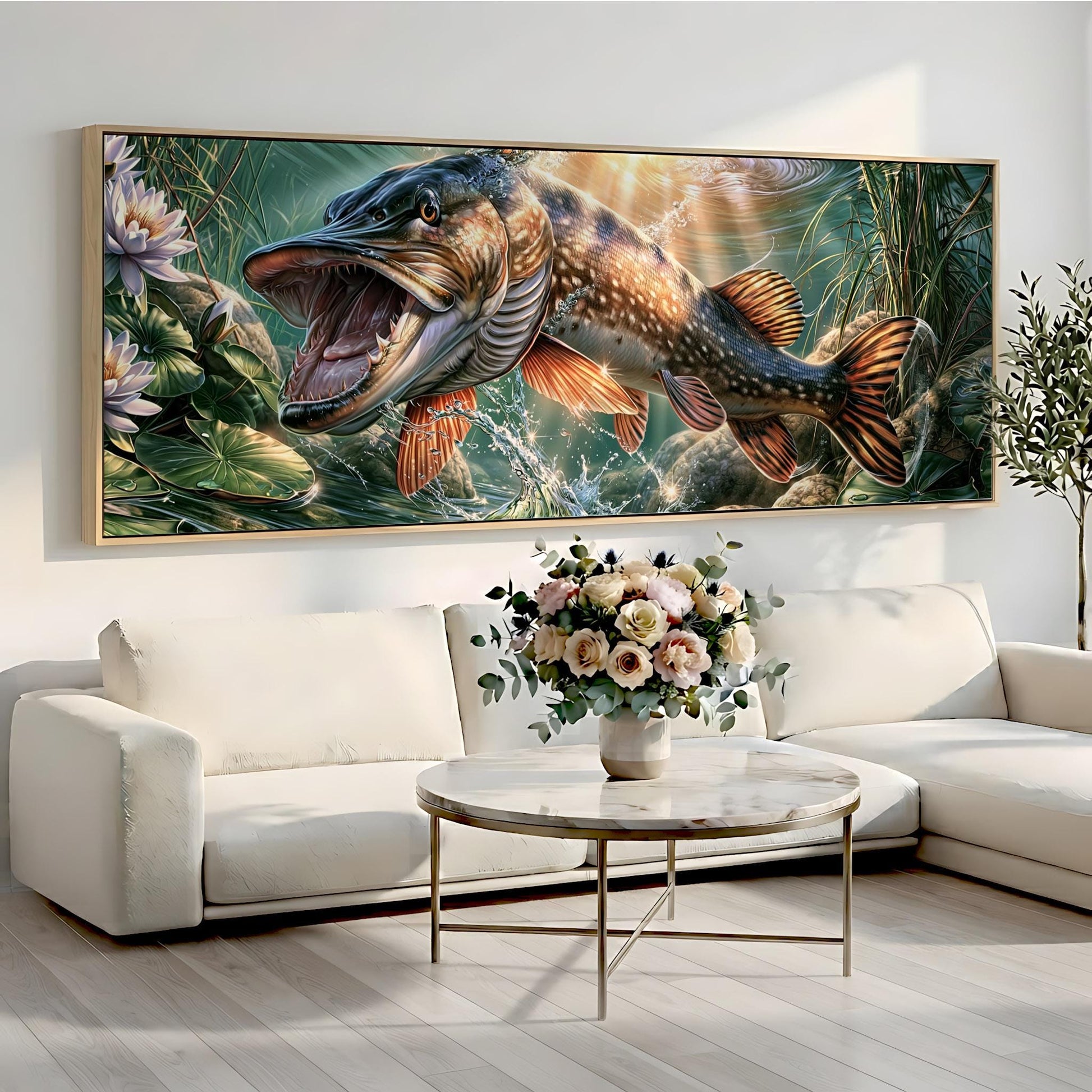 a large painting of a fish with an open mouth, hanging on a wall above a white sofa and a round coffee table with a vase of flowers.