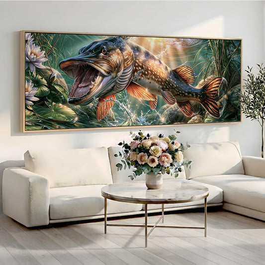 a large painting of a fish with an open mouth, hanging on a wall above a white sofa and a round coffee table with a vase of flowers.