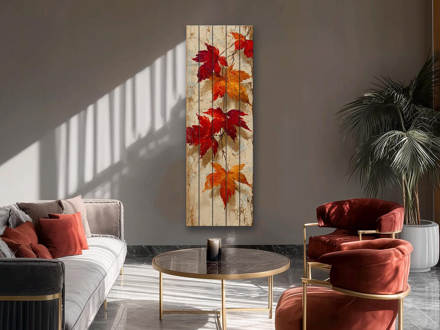 Rustic Wooden Wall Art – Falling Maple Leaves Print on Natural Wood Planks