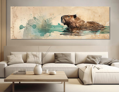 Capybara Swimming in Lake Painting Canvas Print, Large Capybara Wall Art, Modern Nursery Wall Decor, Framed and Ready to Hang