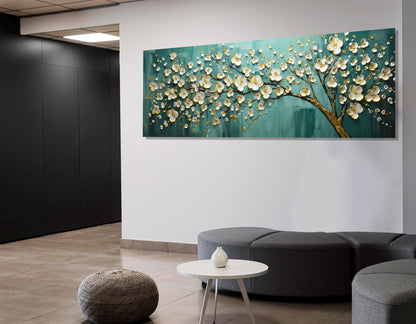 Abstract Tree Canvas Print - Teal Panoramic Painting | Ready to Hang Floral Wall Art