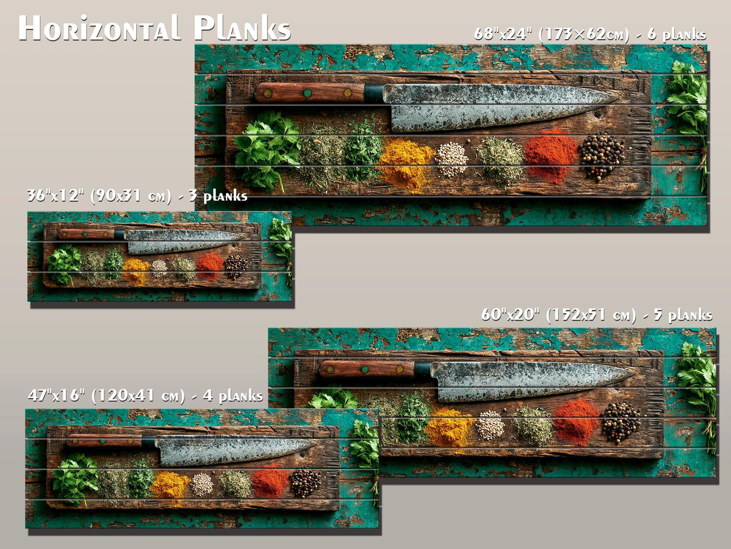 Rustic Kitchen Wall Art – Chef Knife Wood Print with Herbs on Peeling Paint