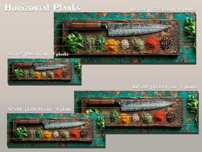 Rustic Kitchen Wall Art – Chef Knife Wood Print with Herbs on Peeling Paint