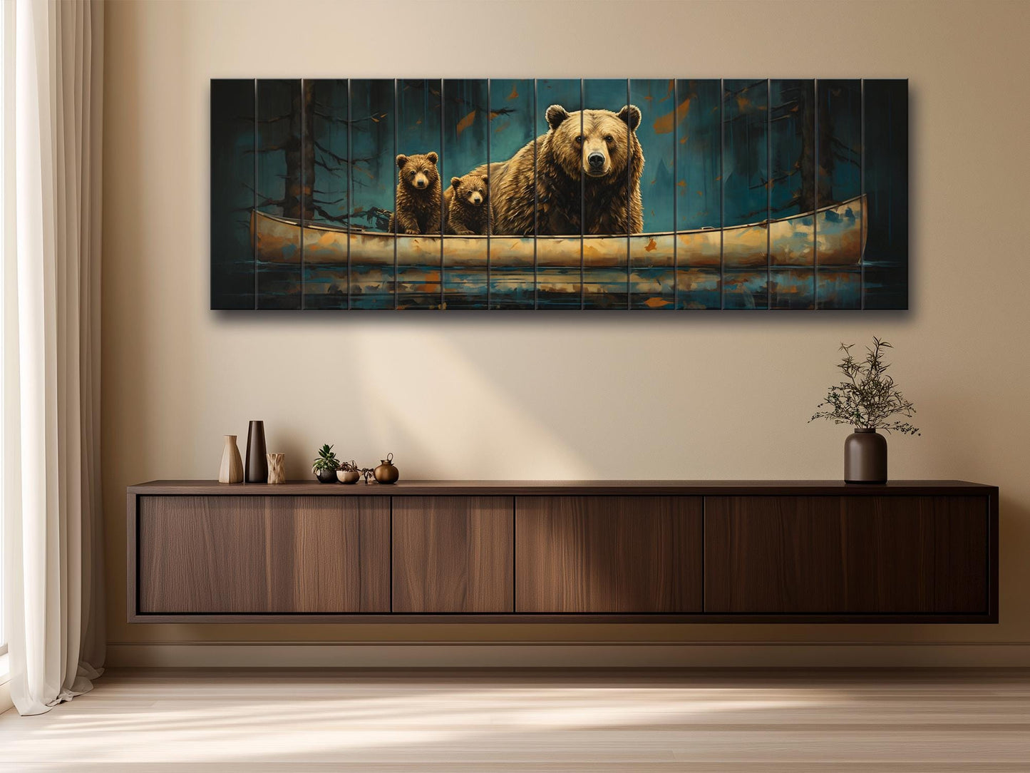 Grizzly Bear Wall Art – Rustic Wood Plank Print with Bear Family Nature Decor