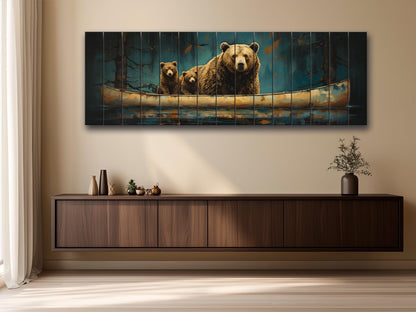 Grizzly Bear Wall Art – Rustic Wood Plank Print with Bear Family Nature Decor