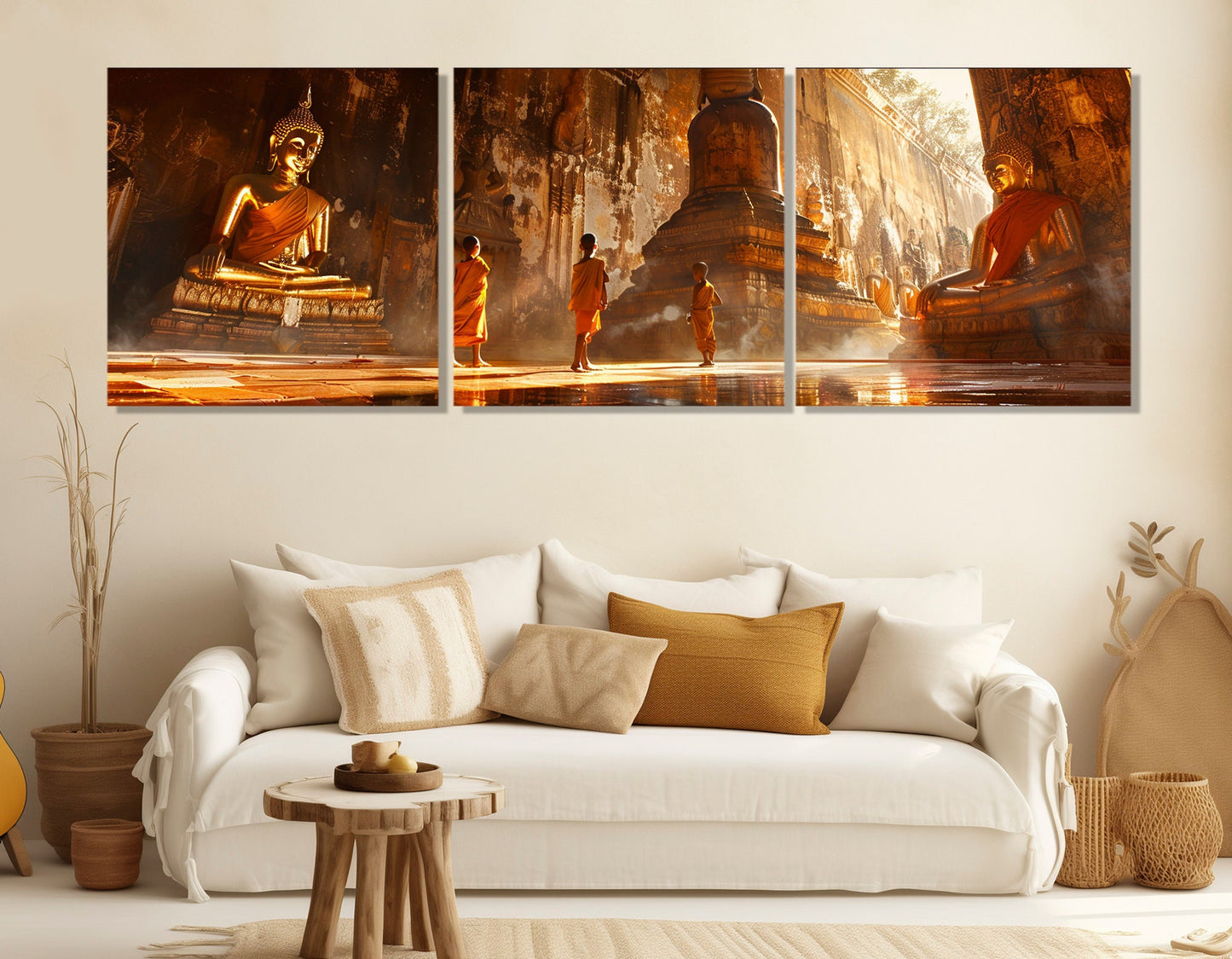 Buddhist Temple Canvas Print – Children Monks Wall Art with Floating Frame, Ready to Hang