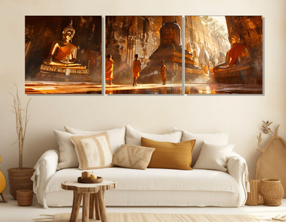 Buddhist Temple Canvas Print – Children Monks Wall Art with Floating Frame, Ready to Hang