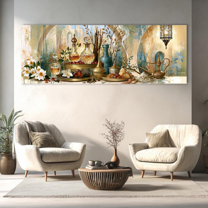 a cozy living room with two white armchairs and a wooden coffee table, surrounded by various decorative elements such as vases, potted plants, and a painting on the wall.