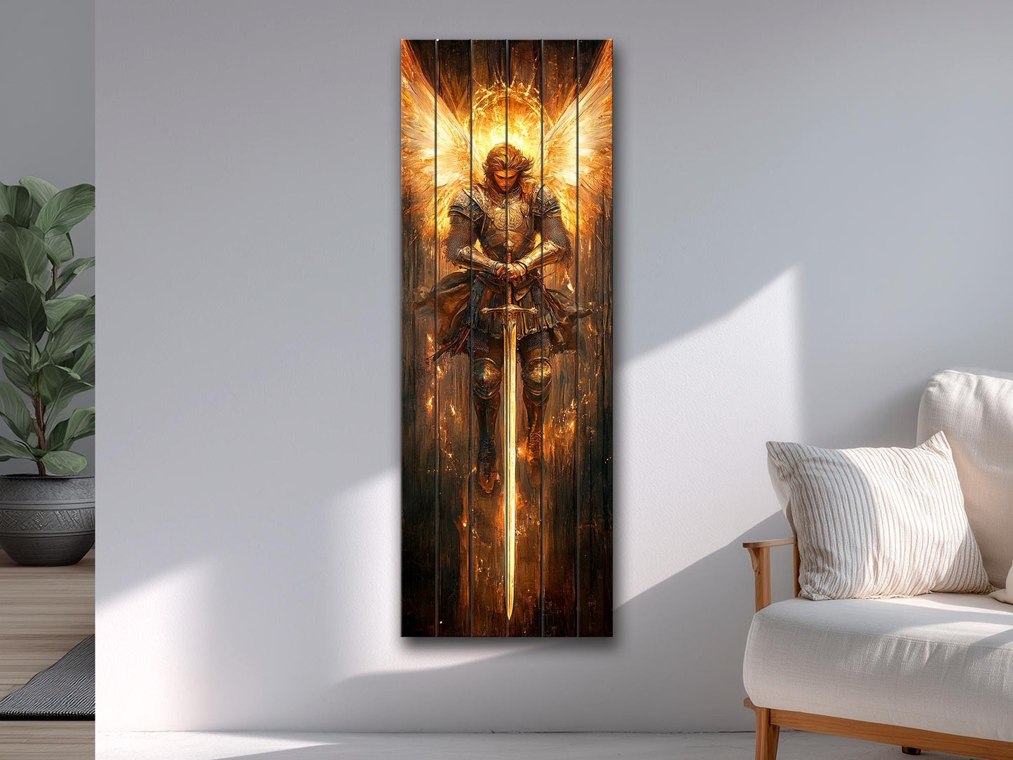 Saint Michael the Archangel Painting Printed on Natural Wood – Rustic Religious Print, Christian Wall Decor, Religious Wall Art