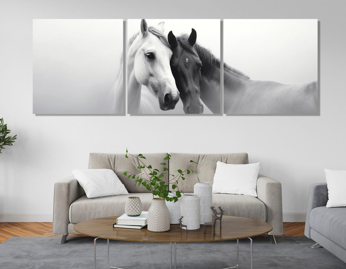 Horses Canvas Print – Black and White Horses in Love Romantic Wall Art, Large Cotton Canvas