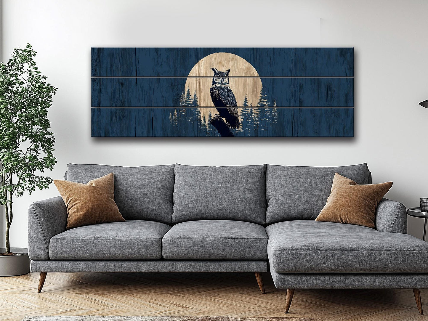Owl Silhouette in Moonlit Forest Print on Wood, Rustic Woodland Wall Art