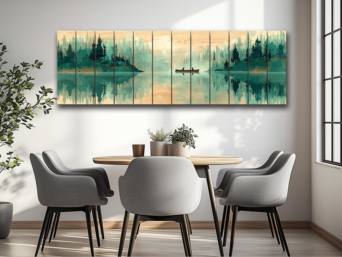Canoe Waterfall Wall Art – Misty Forest Landscape Print on Wood with Rustic Cabin Decor