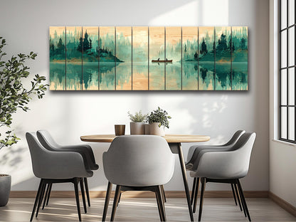 Canoe Waterfall Wall Art – Misty Forest Landscape Print on Wood with Rustic Cabin Decor