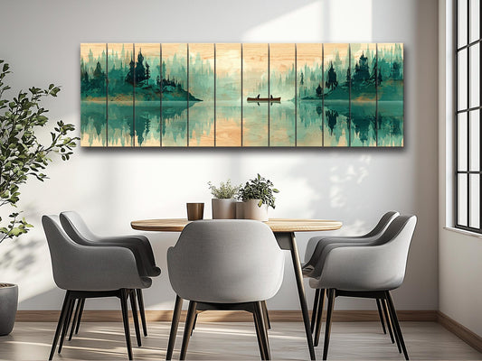 Canoe Waterfall Wall Art – Misty Forest Landscape Print on Wood with Rustic Cabin Decor