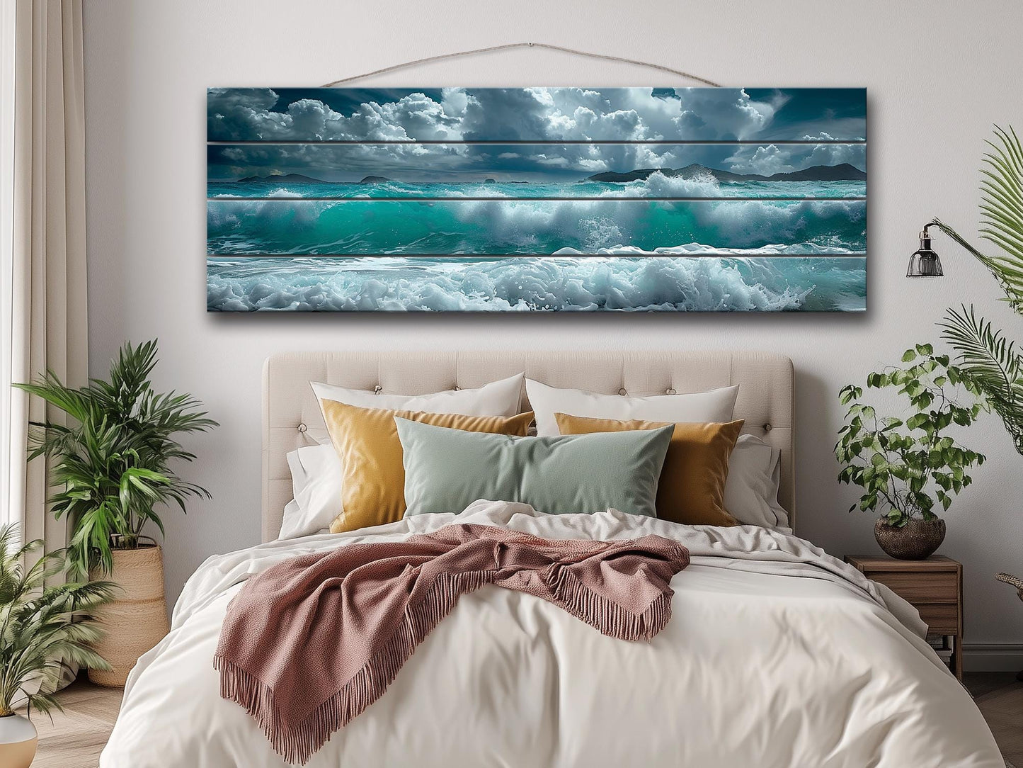 Ocean Wall Decor - Soft Blue Ocean Waves Printed On Natural Wood Art Planks