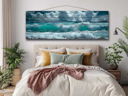 Ocean Wall Decor - Soft Blue Ocean Waves Printed On Natural Wood Art Planks