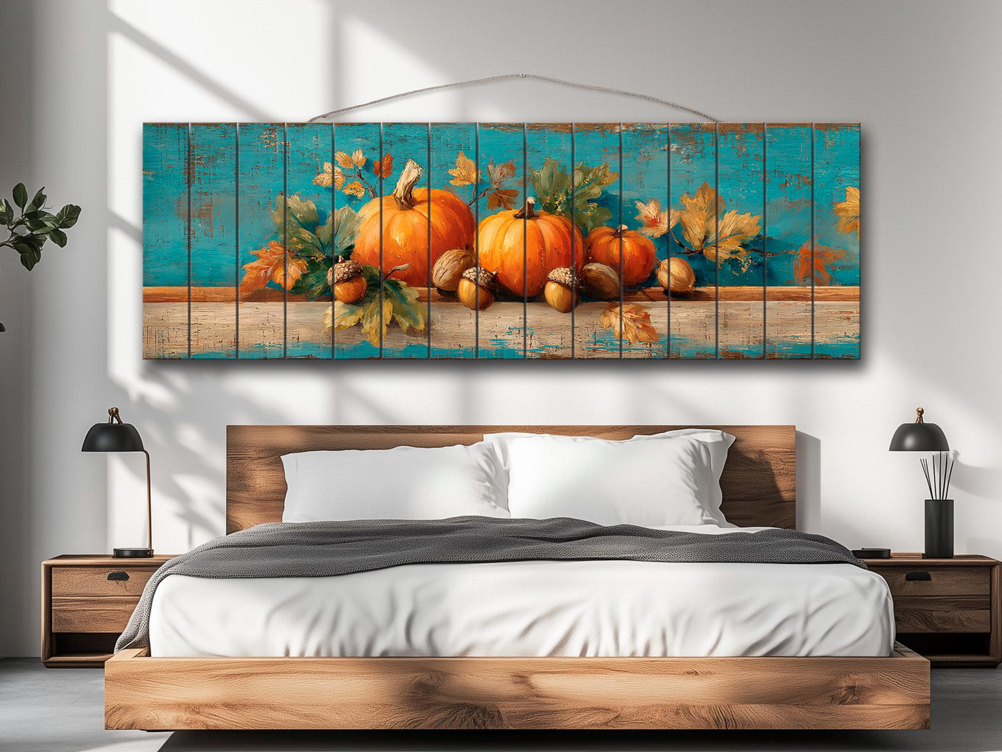 Wood Wall Art - Rustic Scene with Pumpkins, Leaves, and Acorns Print on Natural Wood, Farmhouse Wall Decor, Cozy Cabin Wall Art, Farm Decor