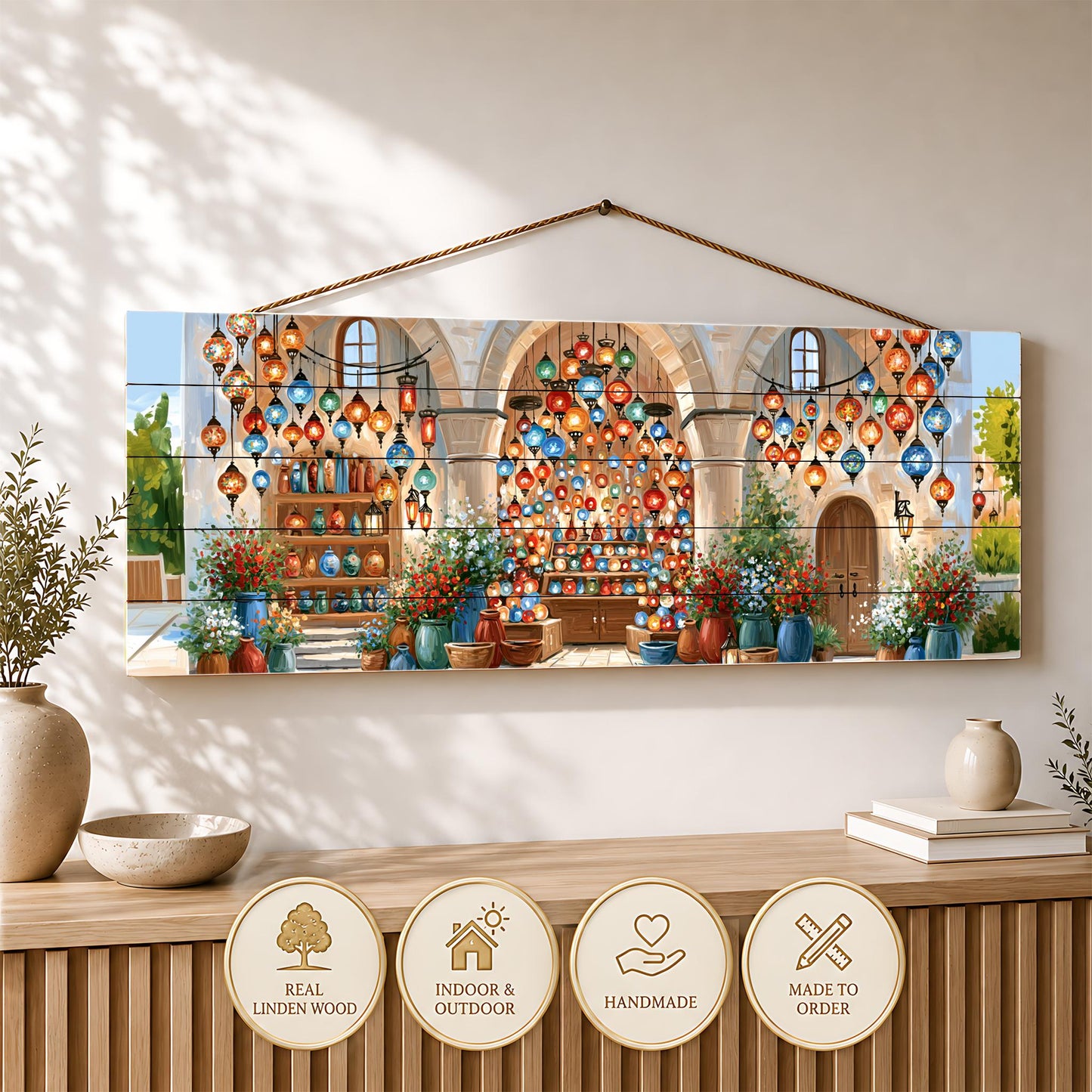a wooden wall hanging with a collage of colorful lanterns and plants, creating a festive and vibrant atmosphere.