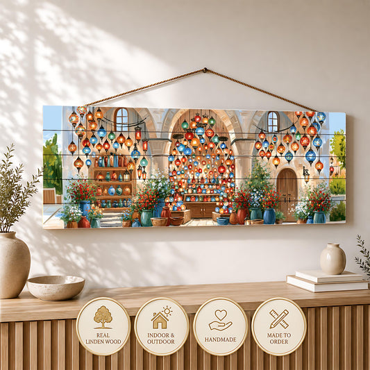 a wooden wall hanging with a collage of colorful lanterns and plants, creating a festive and vibrant atmosphere.