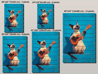 Siamese Cat Wall Art – Wood Wall Art Print of Guitar Playing Cat on Natural Wood