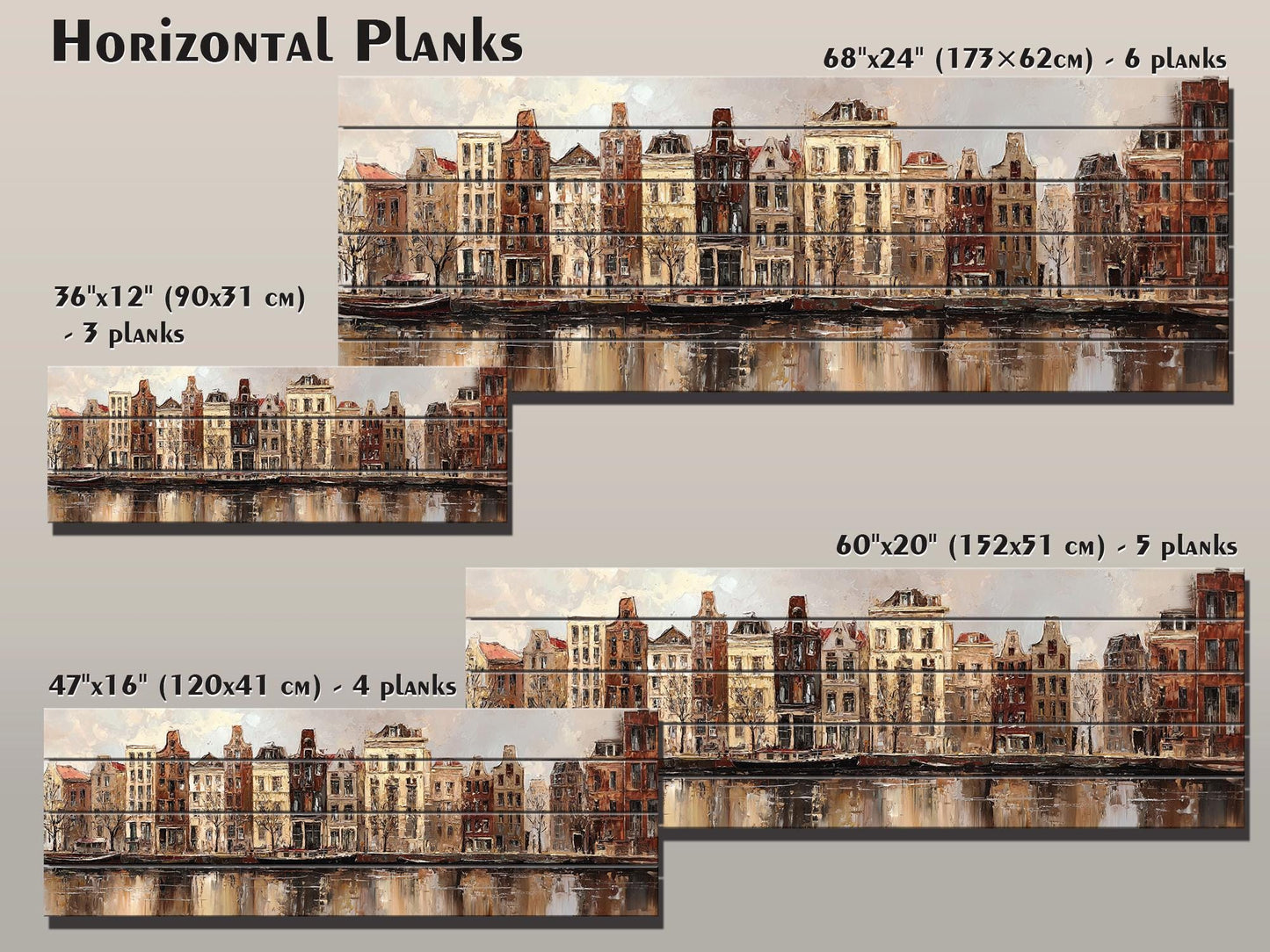 Amsterdam Canal Houses Print – Rustic Wood Art Beige Wall Decor on Distressed Wood