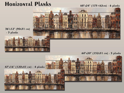Amsterdam Canal Houses Print – Rustic Wood Art Beige Wall Decor on Distressed Wood
