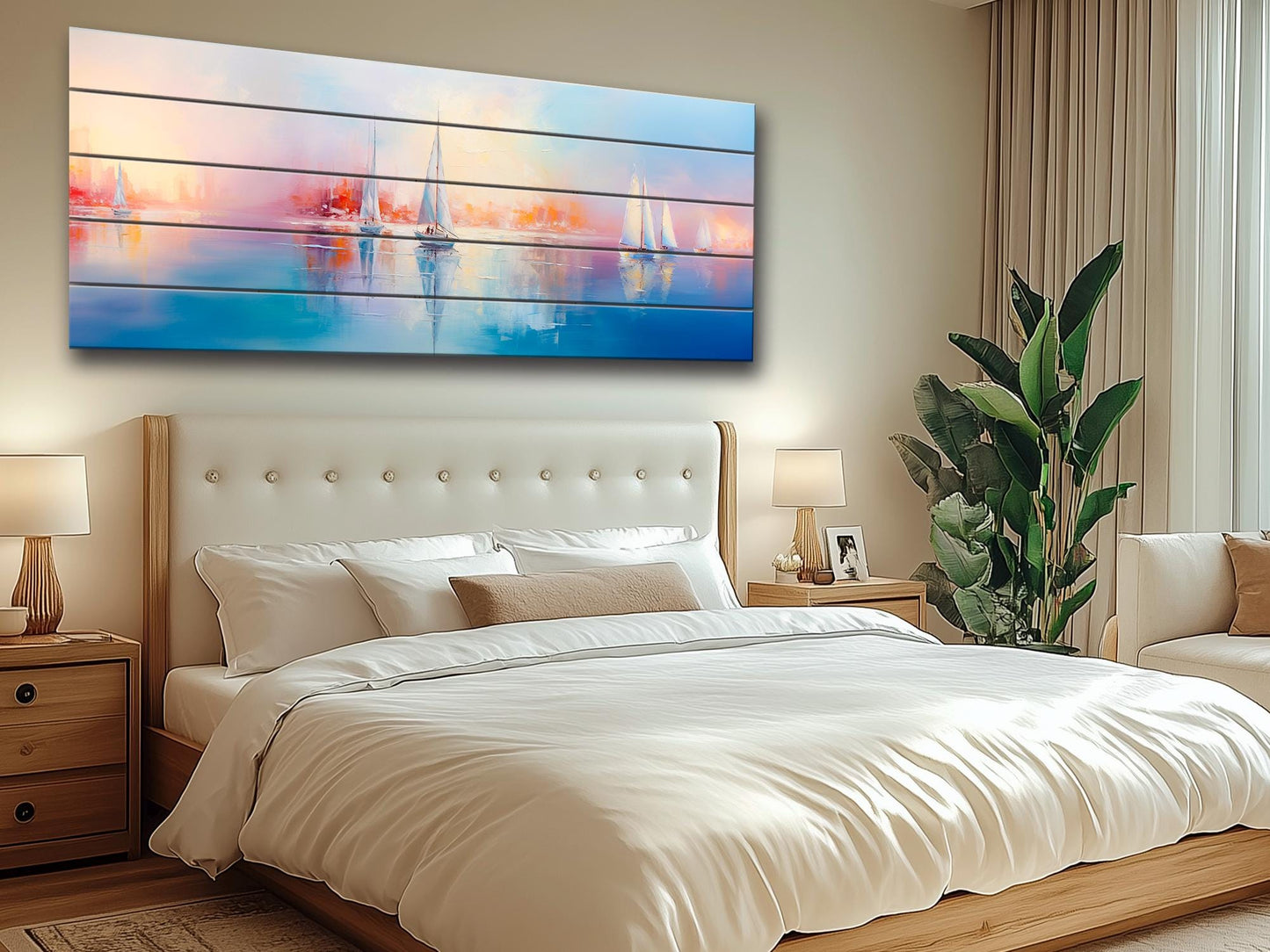 Nautical Wood Wall Art – Abstract Sailboats Painting Printed on Wood, Rustic Coastal Decor