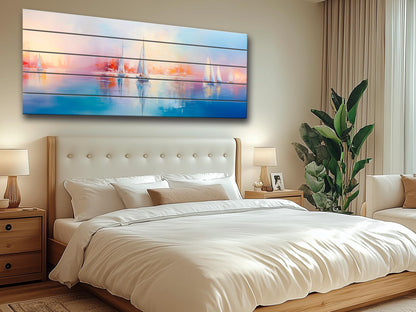 Nautical Wood Wall Art – Abstract Sailboats Painting Printed on Wood, Rustic Coastal Decor