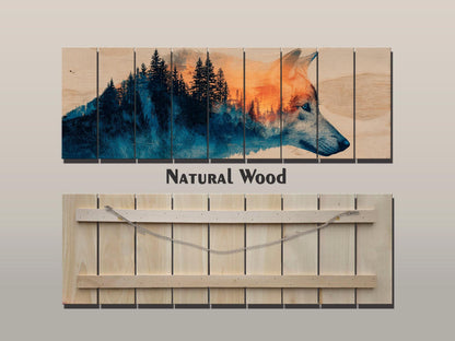 Wolf Silhouette with Forest Print on Wood, Rustic Wildlife Wall