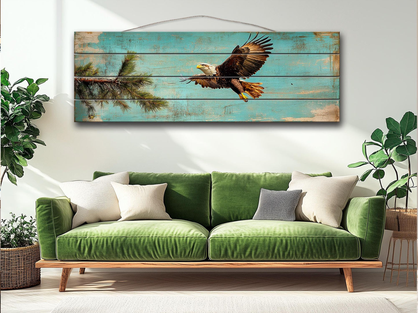 Rustic Wood Wall Art - Abstract American Bald Eagle Painting on Natural Wood Planks