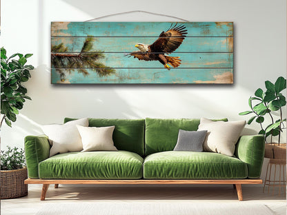 Rustic Wood Wall Art - Abstract American Bald Eagle Painting on Natural Wood Planks