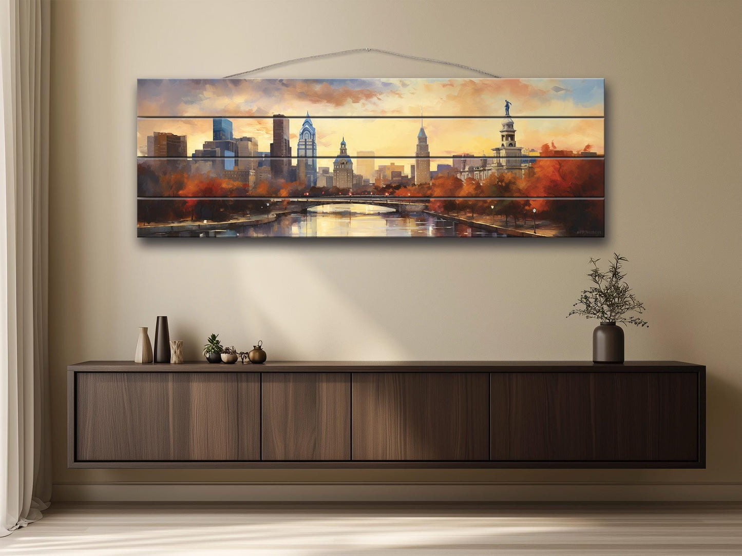 Philadelphia Wood Wall Art – Rustic Abstract Skyline Print on Natural Wood Grain
