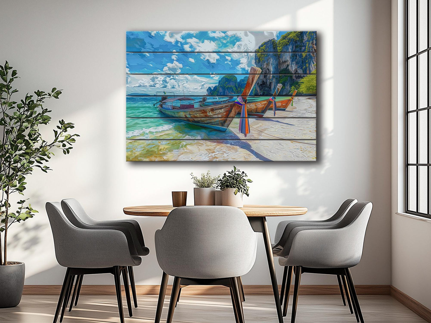 Wood Wall Art - Boats on Beach Print | Tropical Wall Decor with Unique Wood Grain