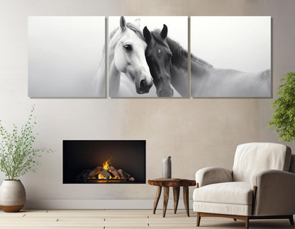 Horses Canvas Print – Black and White Horses in Love Romantic Wall Art, Large Cotton Canvas