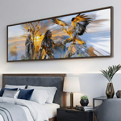 a large, colorful painting of a Native American scene with a bird of prey, such as an eagle, perched on a rock. The painting is displayed on a wall above a bed with a gray headboard.