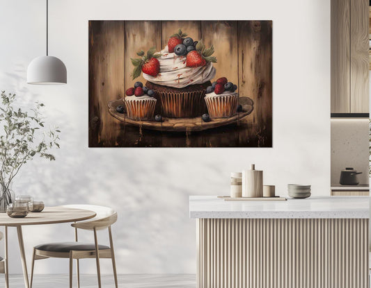 Vintage Cupcake Canvas – Framed Cotton Print | Bakery Wall Decor, Rustic Kitchen Art