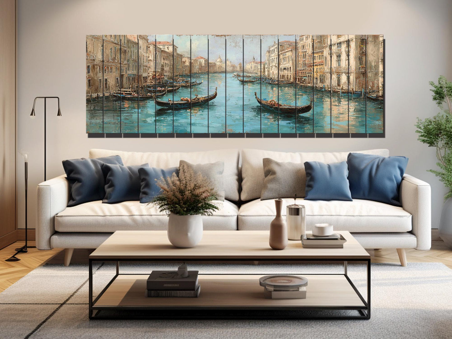 Venice Canal Painting – Turquoise Beige Gondola Art Print on Wooden Wall Decor
