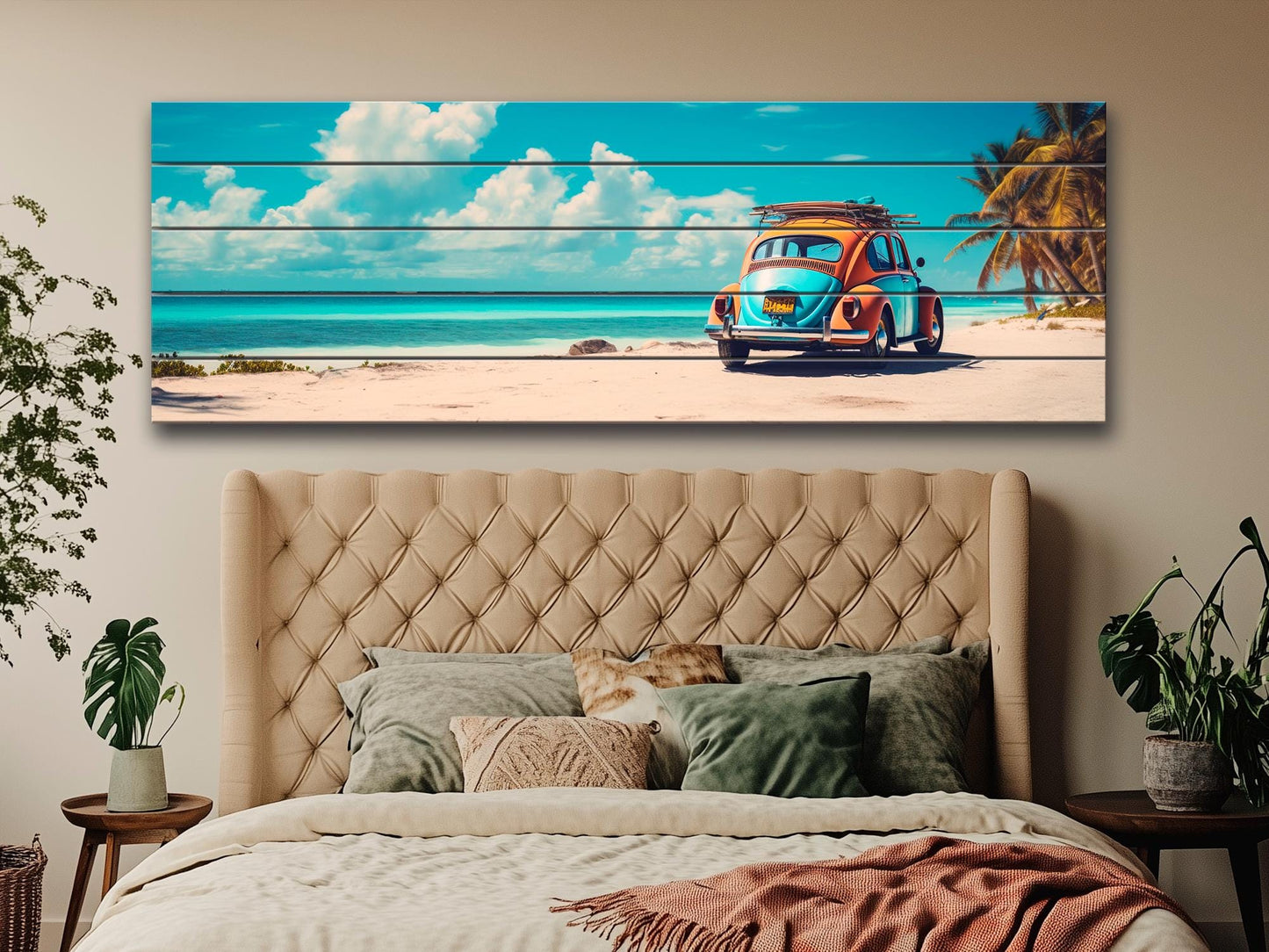 Wood Wall Art – Cancun Landscape Art | Retro Taxi Poster on Natural Wood Print