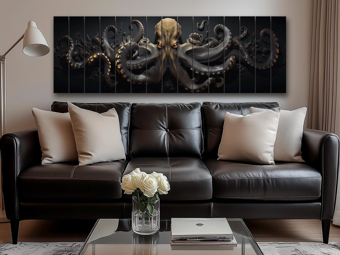 Black And Gold  Octopus Printed On  Natural Wood – Nautical Wall Decor
