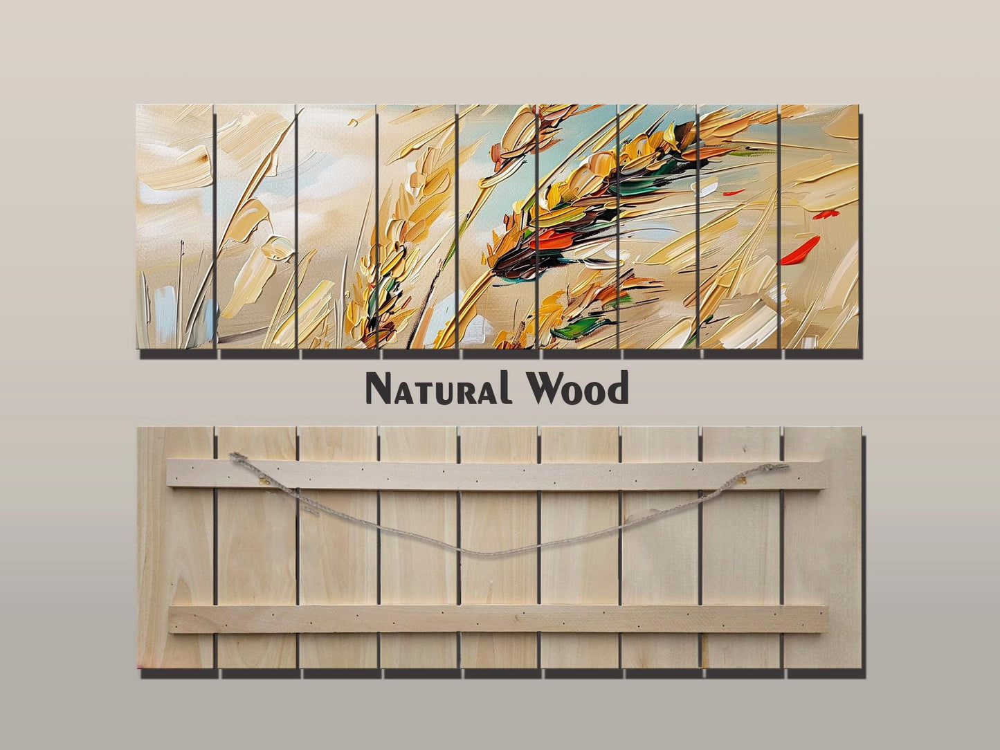 Wood Wall Art – Golden Wheat Ears Rustic Nature Print on Natural Wood Planks
