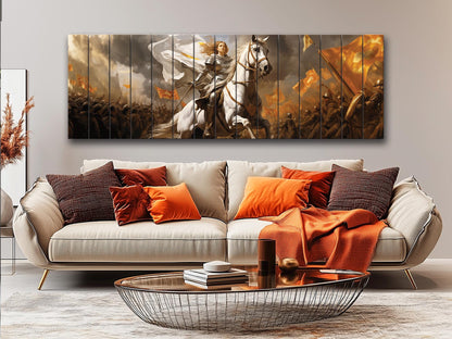 Warrior on Horse Print – Natural Wood Art | Medieval Battle Scene Wall Hanging